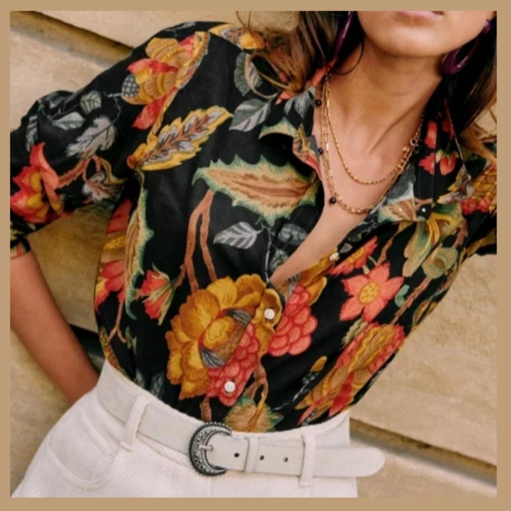 Sezane Pierro Blouse in Retro Flowers Sz 6 EUC